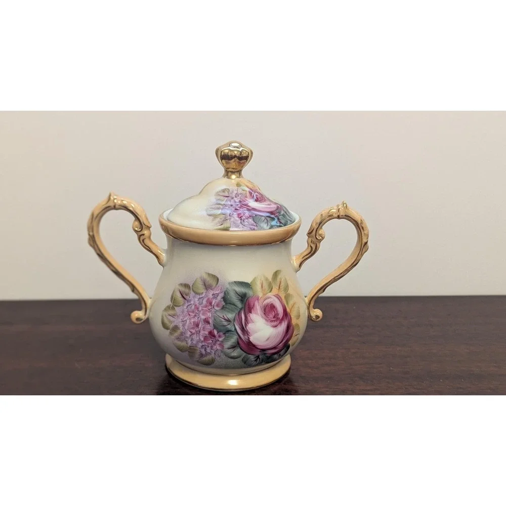Vintage Rose Porcelain Tea Set Teapot Sugar Bowl Cups Cottagecore Floral Gold